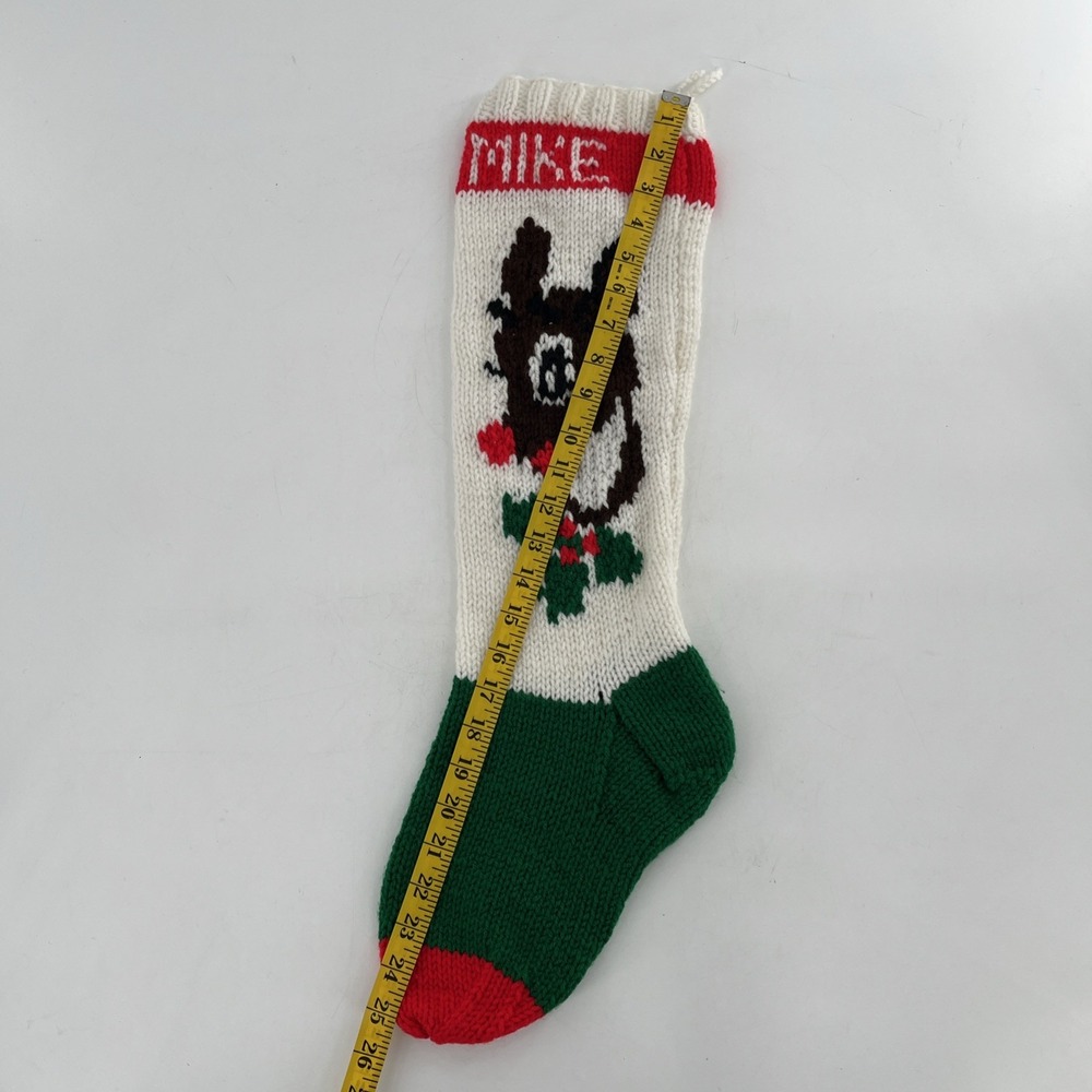 Vintage Hand Knit Christmas Stocking Rudolph Red-Nose Reindeer Green White READ - Picture 8 of 9